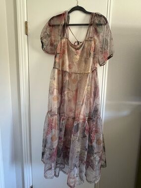 H&M Sheer Floral Tiered Midi Dress in Soft Pink and Cream